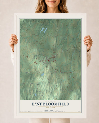 East Bloomfield, New York map print, 24" x 36" W/ White Ayous Wood Frame mockup