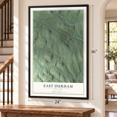 East Durham, New York map, 24 x 36 inch print in a black frame by a staircase
