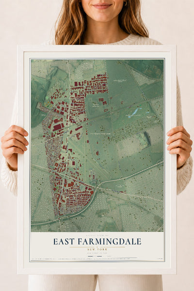 East Farmingdale, New York map print, 18" x 24" W/ White Ayous Wood Frame mockup