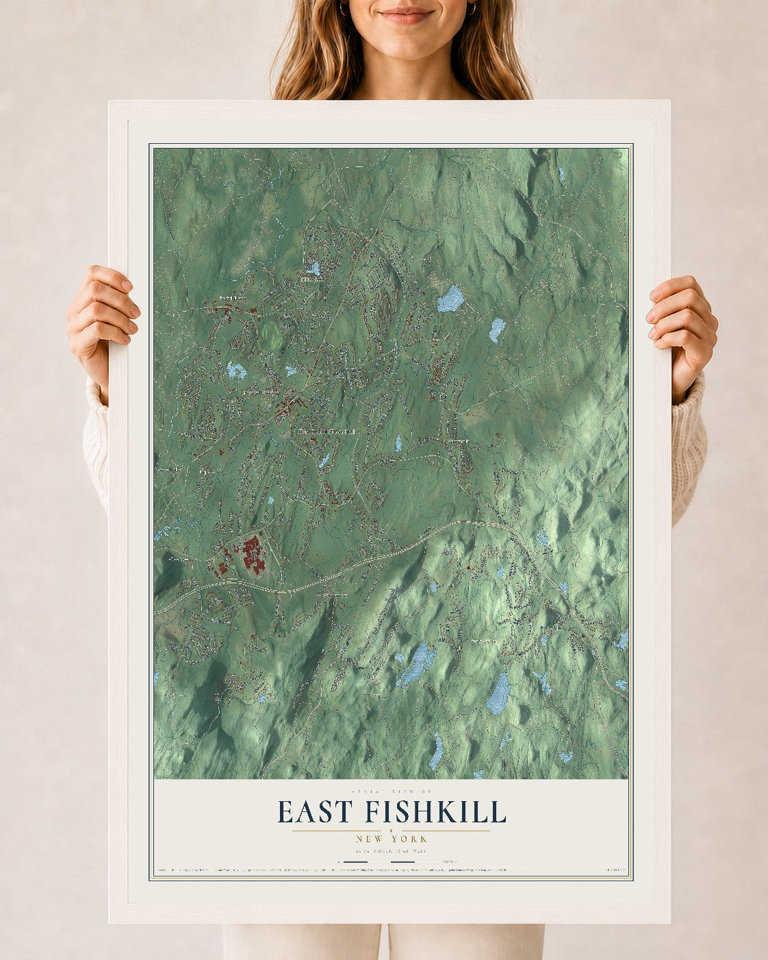 East Fishkill, New York map print, 24" x 36" W/ White Ayous Wood Frame mockup