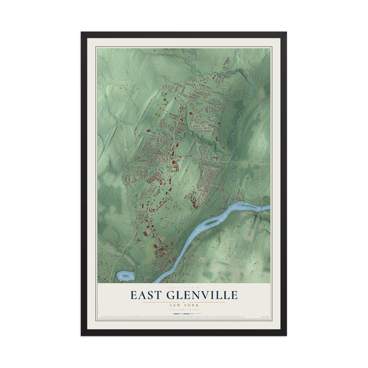 East Glenville, New York map print, 12" x 18" W/ Black Ayous Wood Frame mockup