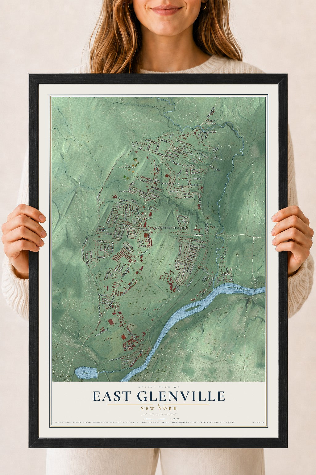 East Glenville, New York map print, 18" x 24" W/ Black Ayous Wood Frame mockup