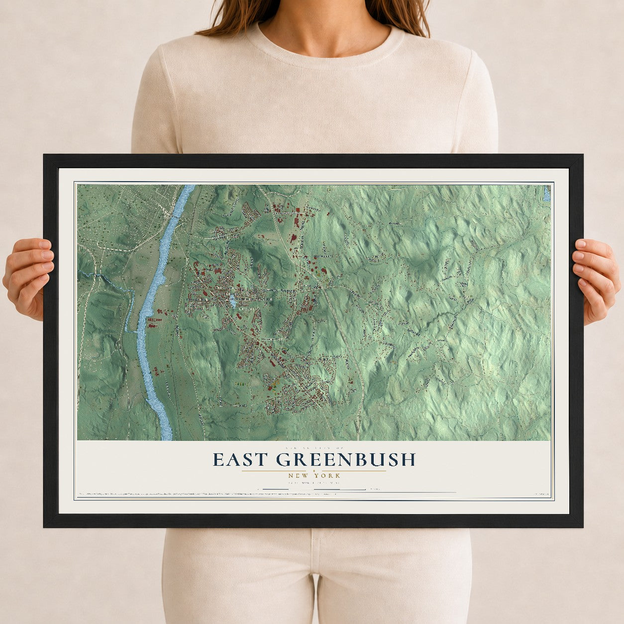 East Greenbush, New York map print, 12" x 18" W/ Black Ayous Wood Frame mockup