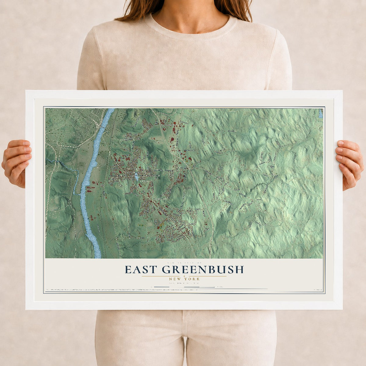 East Greenbush, New York map print, 12" x 18" W/ White Ayous Wood Frame mockup