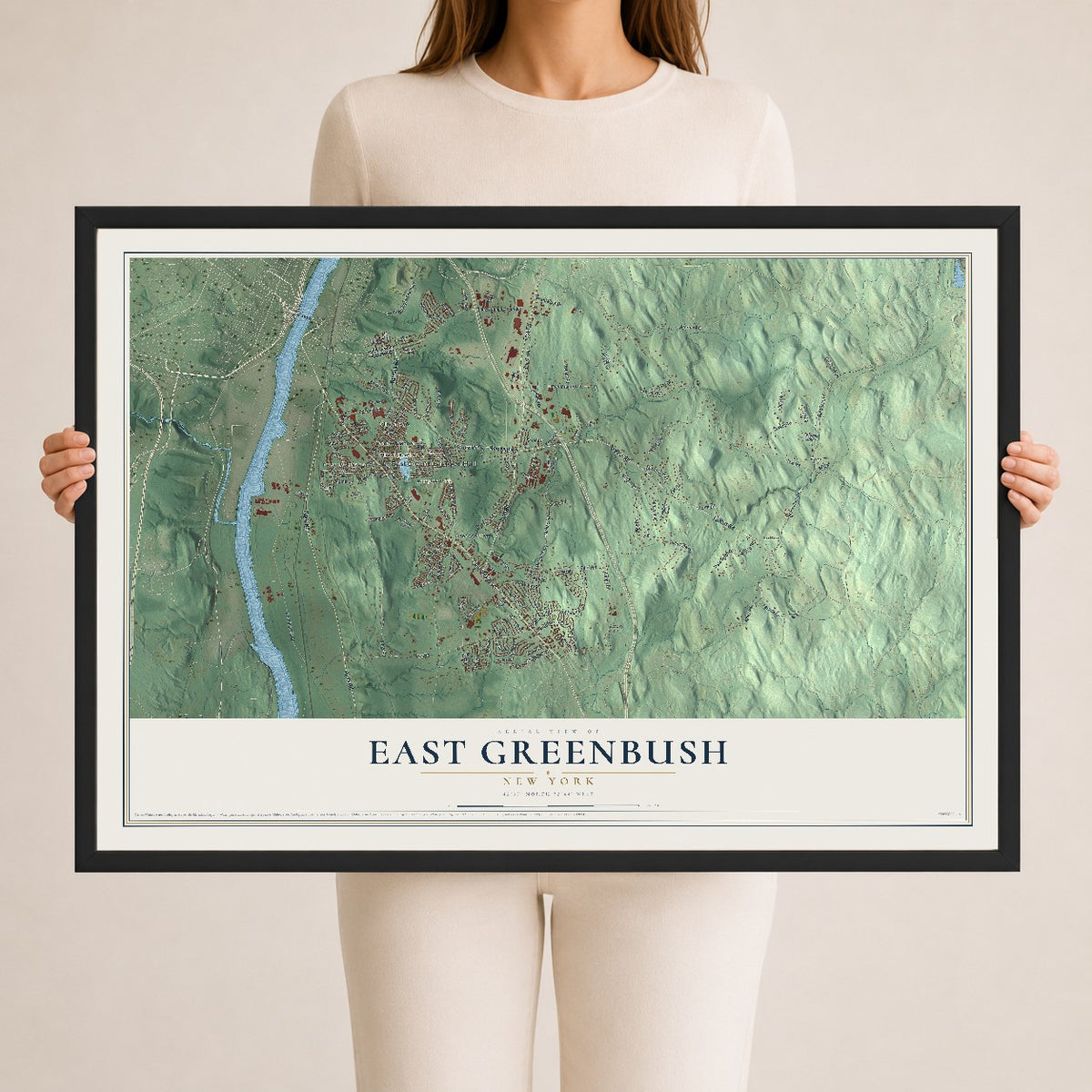 East Greenbush, New York map print, 24" x 36" W/ Black Ayous Wood Frame mockup