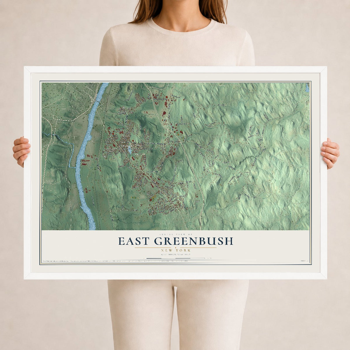 East Greenbush, New York map print, 24" x 36" W/ White Ayous Wood Frame mockup