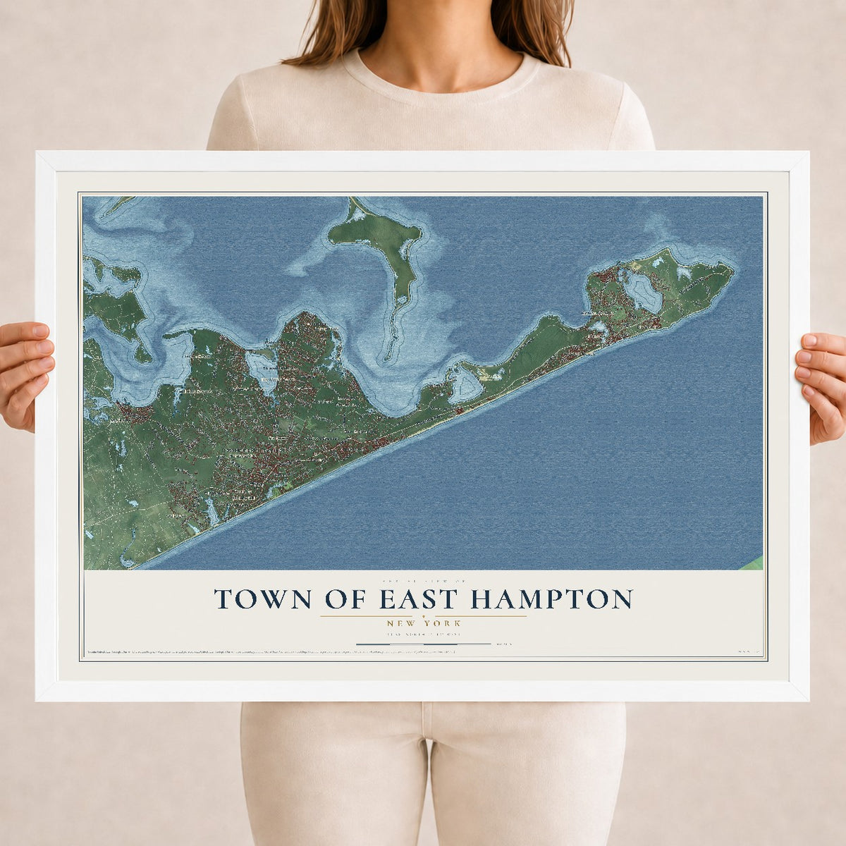 East Hampton, New York map print, 18" x 24" W/ White Ayous Wood Frame mockup
