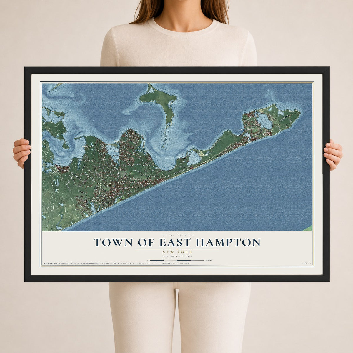 East Hampton, New York map print, 24" x 36" W/ Black Ayous Wood Frame mockup