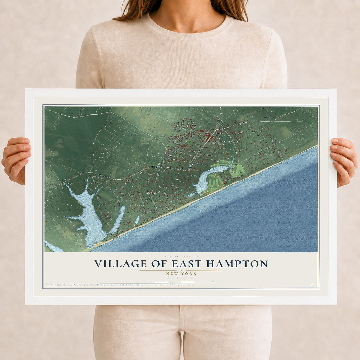 East Hampton, New York map print, 12" x 18" W/ White Ayous Wood Frame mockup