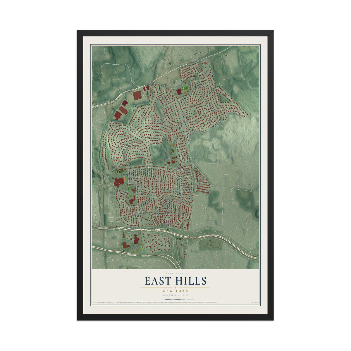East Hills, New York map print, 12" x 18" W/ Black Ayous Wood Frame mockup
