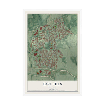 East Hills, New York map print, 12" x 18" W/ White Ayous Wood Frame mockup