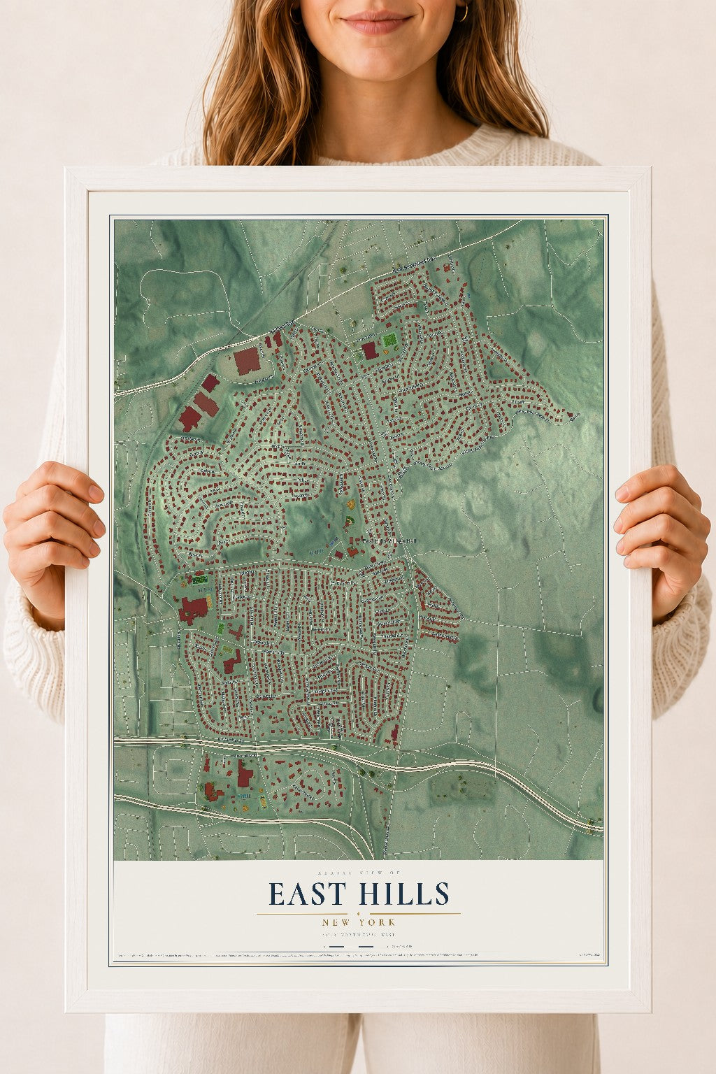 East Hills, New York map print, 18" x 24" W/ White Ayous Wood Frame mockup