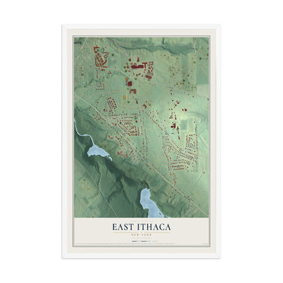 East Ithaca, New York map print, 12" x 18" W/ White Ayous Wood Frame mockup