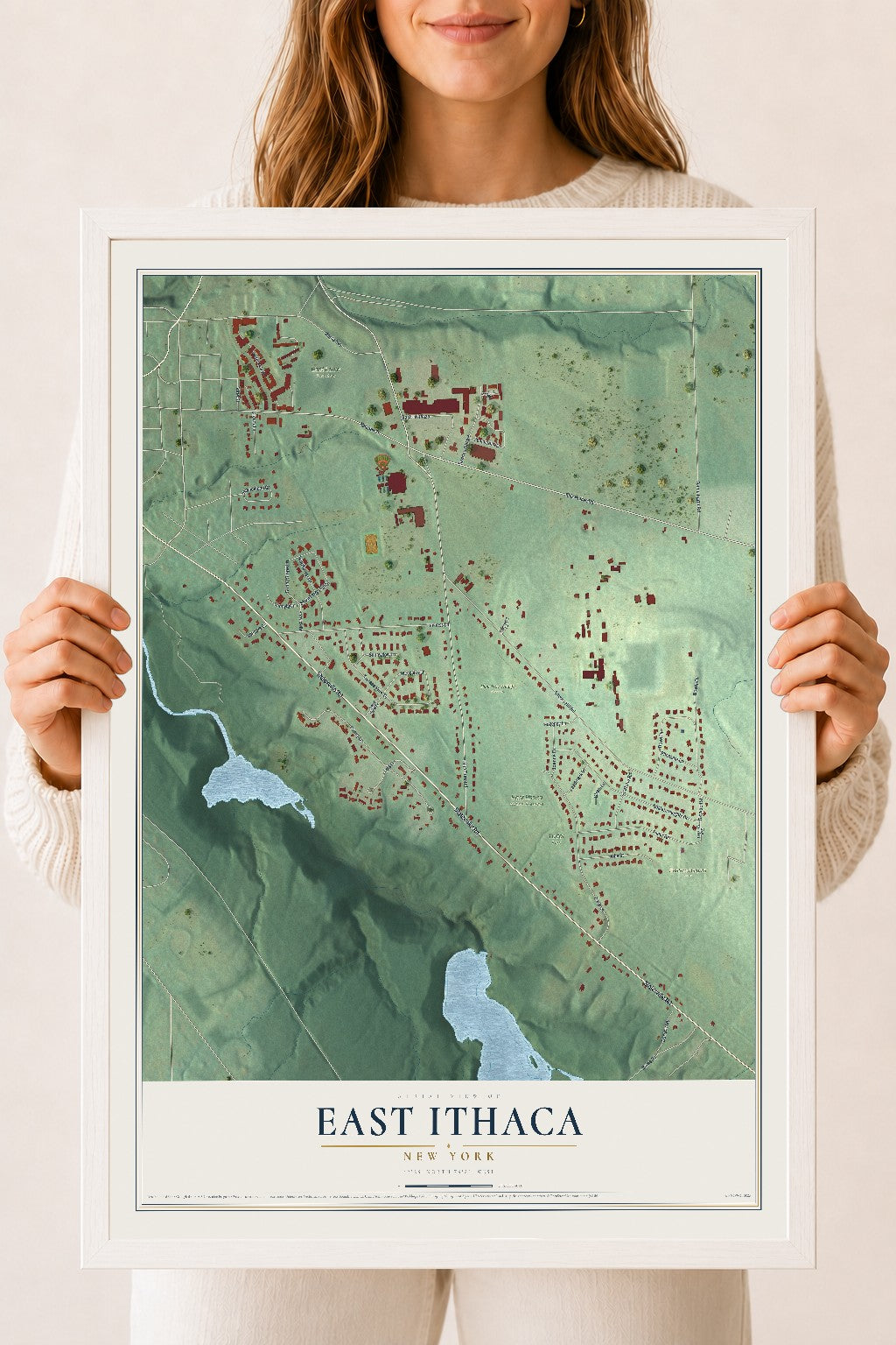 East Ithaca, New York map print, 18" x 24" W/ White Ayous Wood Frame mockup