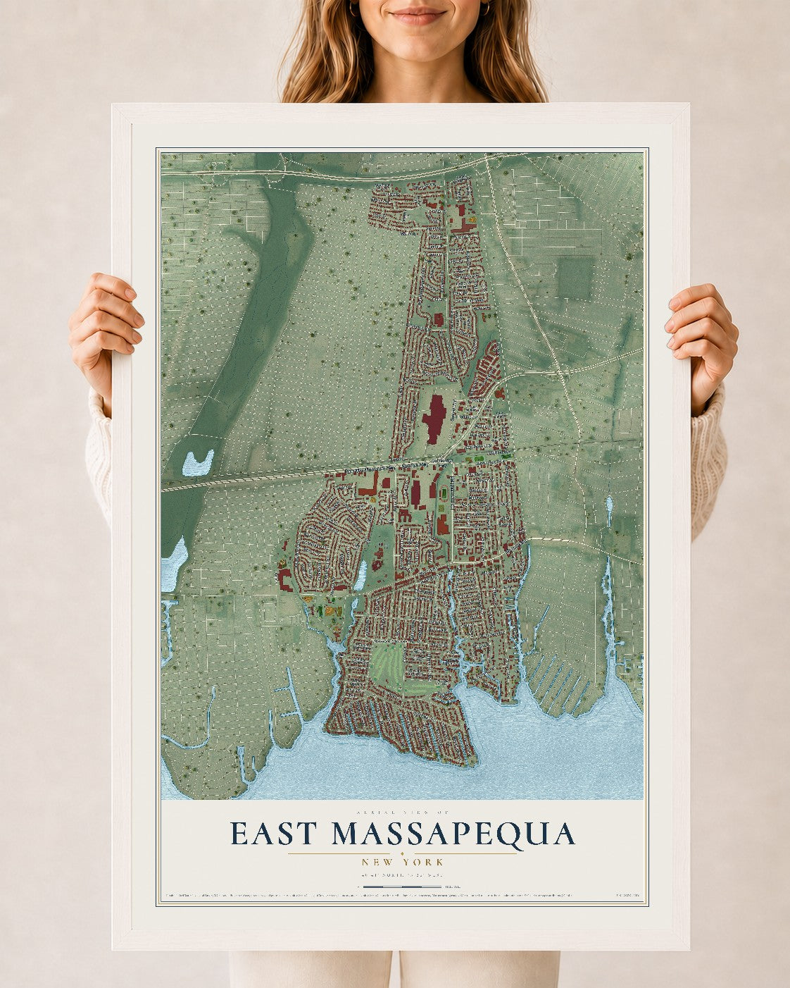East Massapequa, New York map print, 24" x 36" W/ White Ayous Wood Frame mockup