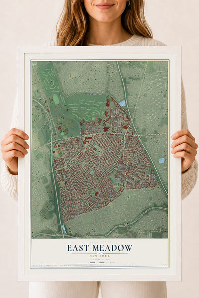East Meadow, New York map print, 18" x 24" W/ White Ayous Wood Frame mockup