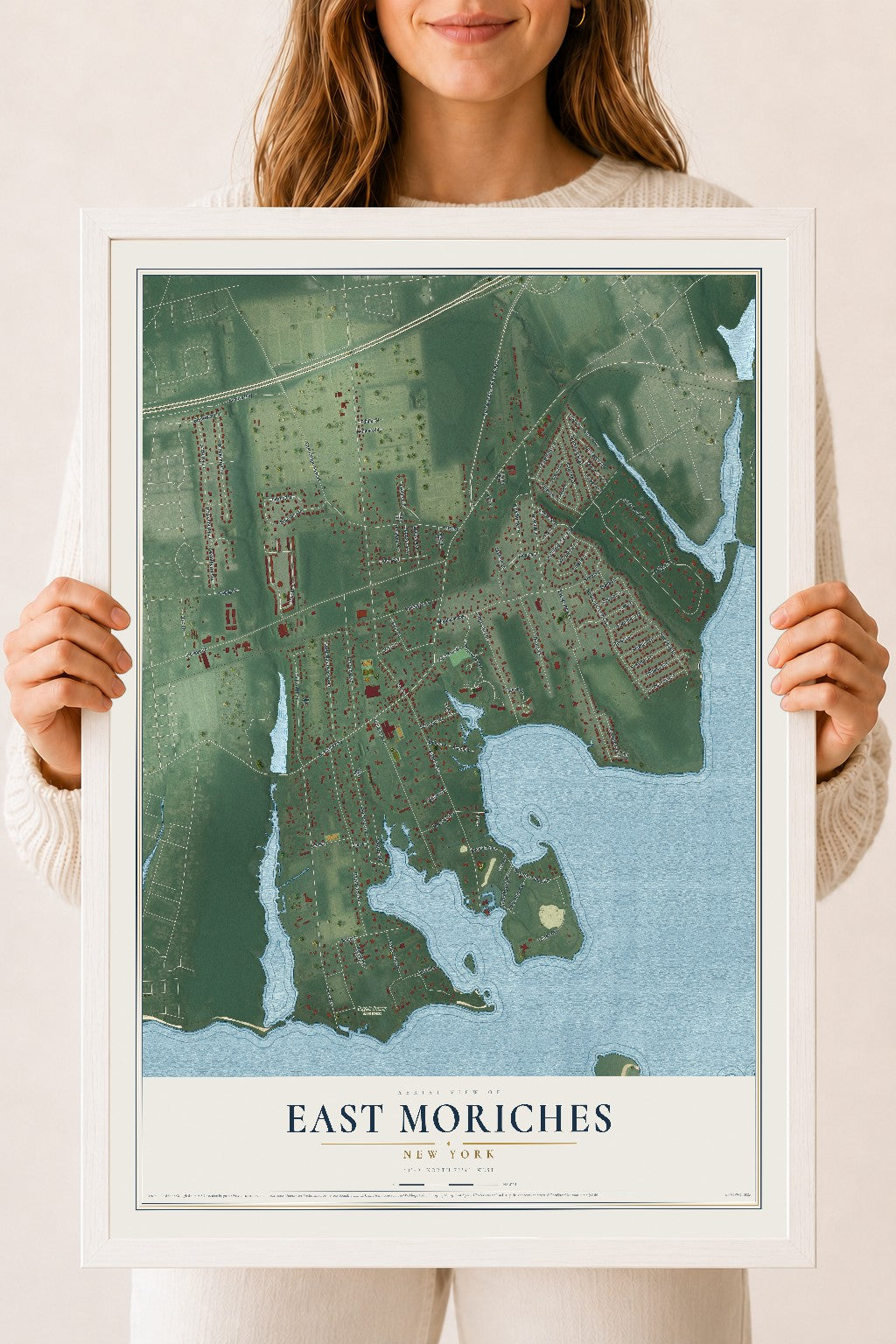 East Moriches, New York map print, 18" x 24" W/ White Ayous Wood Frame mockup