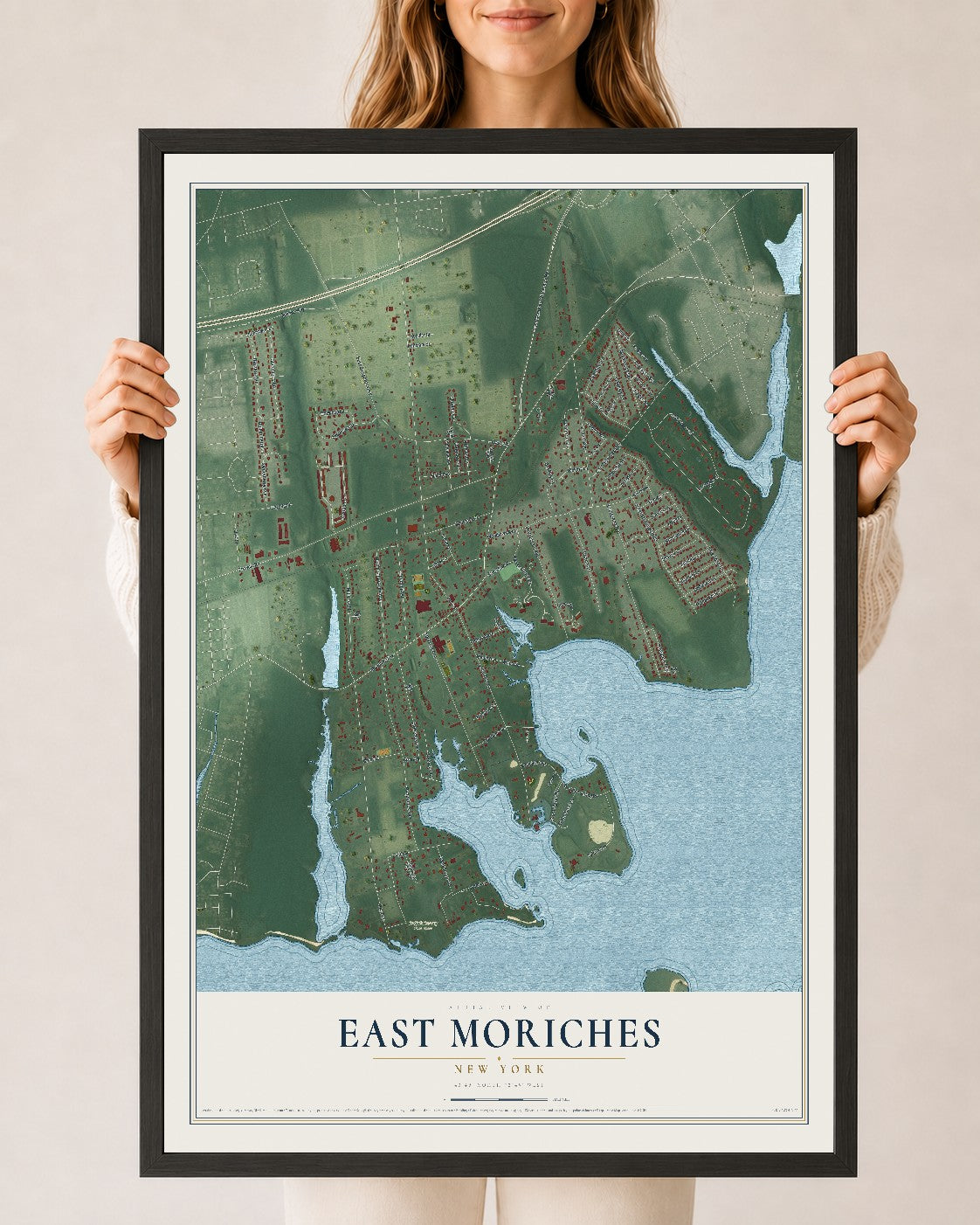 East Moriches, New York map print, 24" x 36" W/ Black Ayous Wood Frame mockup