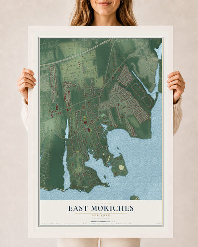East Moriches, New York map print, 24" x 36" W/ White Ayous Wood Frame mockup
