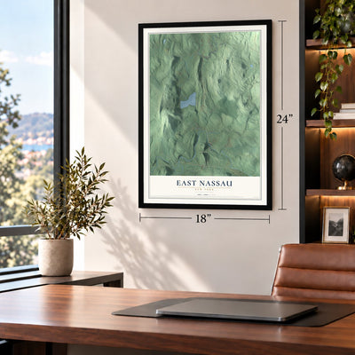 East Nassau, New York map, 18 x 24 inch print in a black frame in a home office