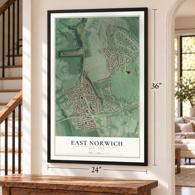 East Norwich, New York map, 24 x 36 inch print in a black frame by a staircase