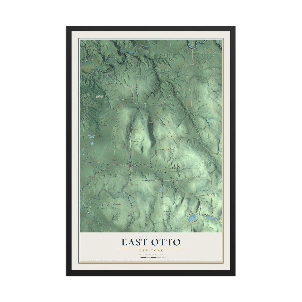 East Otto, New York map print, 12" x 18" W/ Black Ayous Wood Frame mockup
