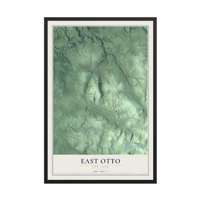 East Otto, New York map print, 12" x 18" W/ Black Ayous Wood Frame mockup