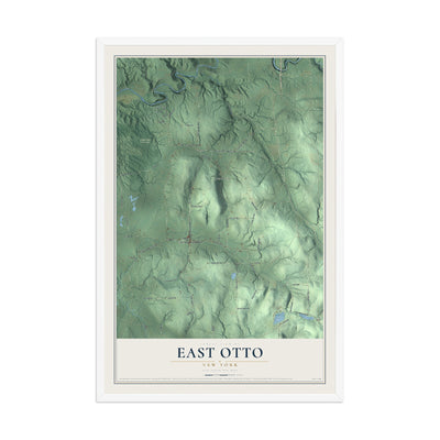 East Otto, New York map print, 12" x 18" W/ White Ayous Wood Frame mockup