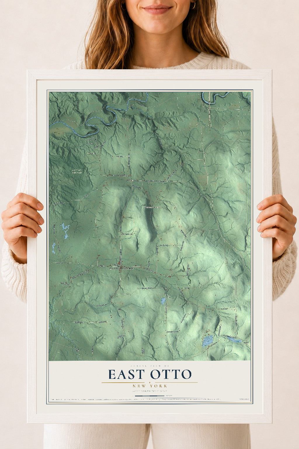 East Otto, New York map print, 18" x 24" W/ White Ayous Wood Frame mockup