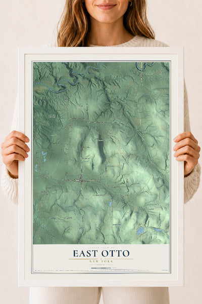 East Otto, New York map print, 18" x 24" W/ White Ayous Wood Frame mockup