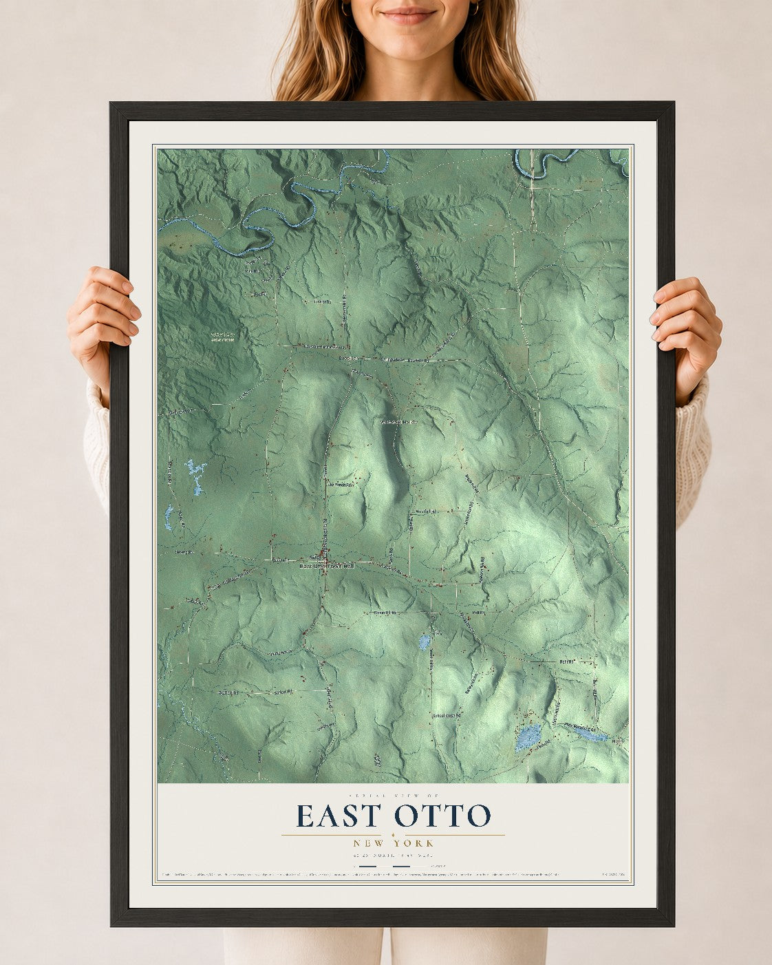 East Otto, New York map print, 24" x 36" W/ Black Ayous Wood Frame mockup