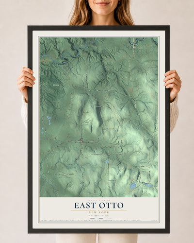 East Otto, New York map print, 24" x 36" W/ Black Ayous Wood Frame mockup