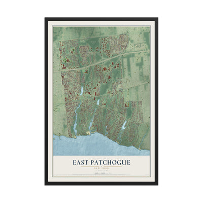 East Patchogue, New York map print, 12" x 18" W/ Black Ayous Wood Frame mockup