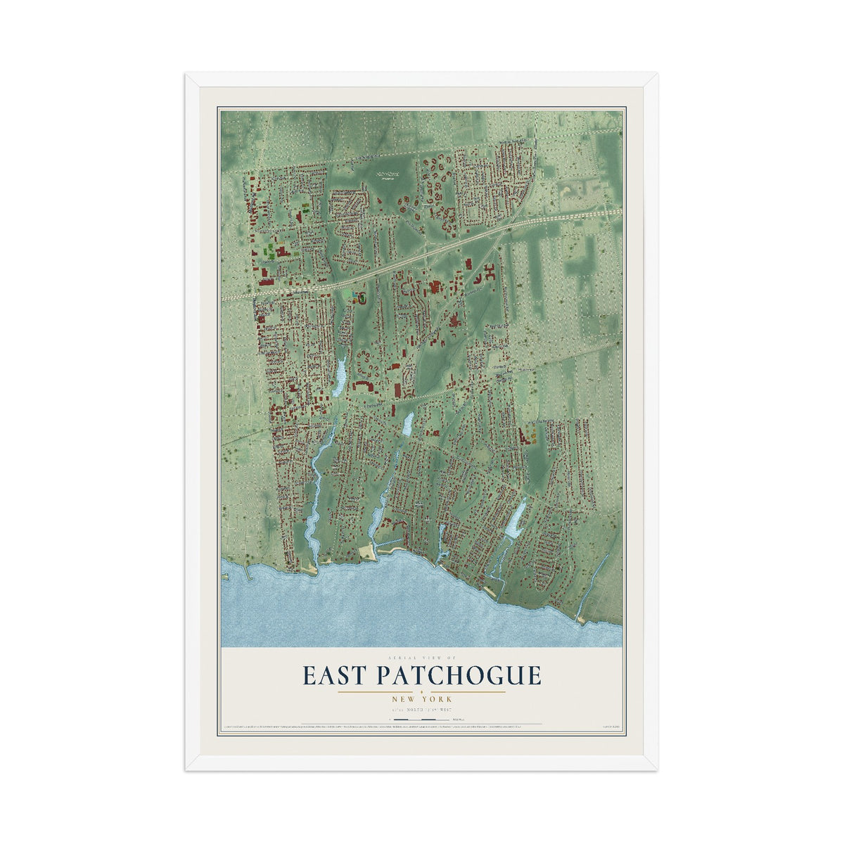 East Patchogue, New York map print, 12" x 18" W/ White Ayous Wood Frame mockup