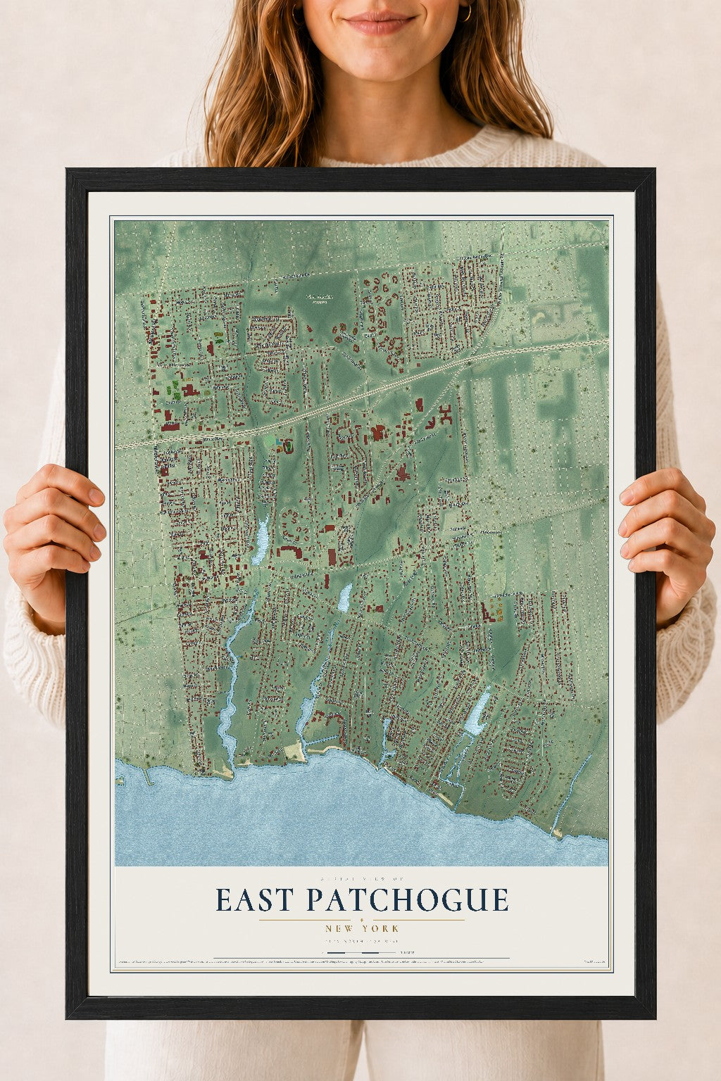 East Patchogue, New York map print, 18" x 24" W/ Black Ayous Wood Frame mockup