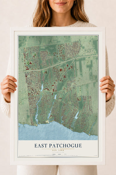 East Patchogue, New York map print, 18" x 24" W/ White Ayous Wood Frame mockup