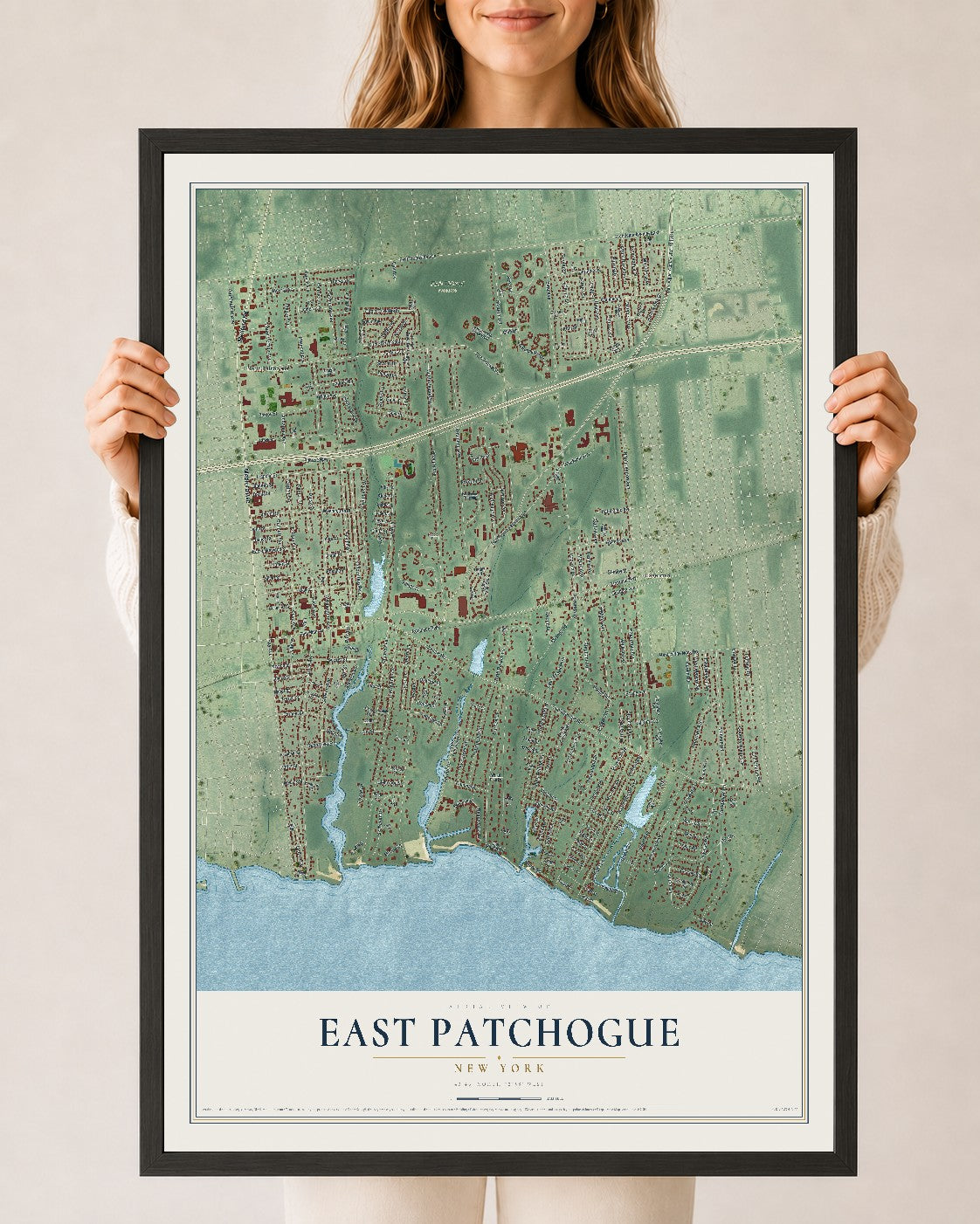 East Patchogue, New York map print, 24" x 36" W/ Black Ayous Wood Frame mockup