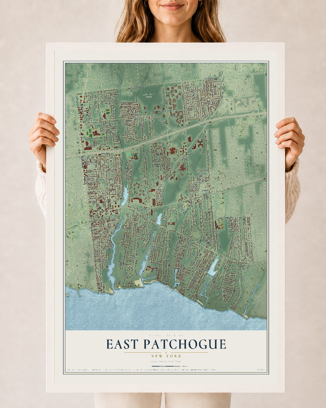 East Patchogue, New York map print, 24" x 36" W/ White Ayous Wood Frame mockup