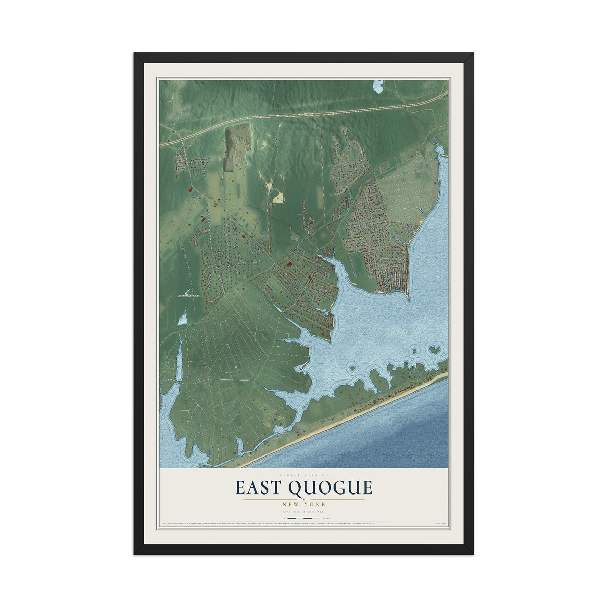 East Quogue, New York map print, 12" x 18" W/ Black Ayous Wood Frame mockup