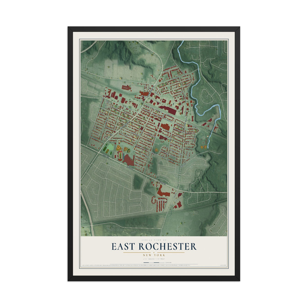East Rochester, New York map print, 12" x 18" W/ Black Ayous Wood Frame mockup