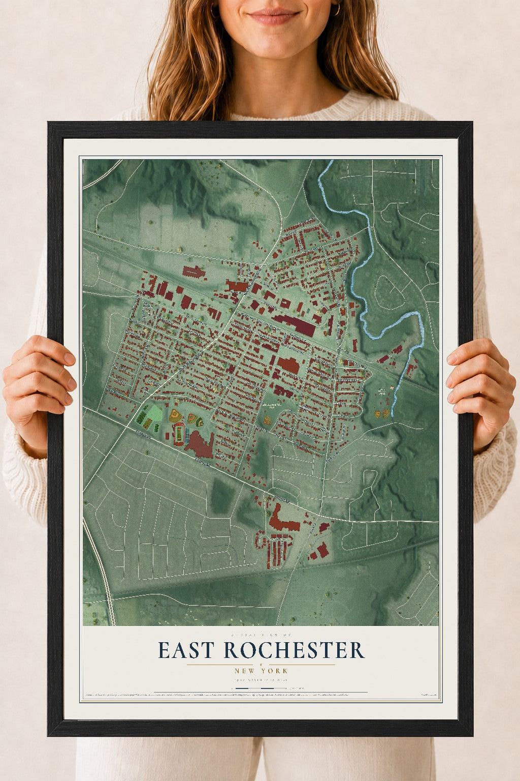 East Rochester, New York map print, 18" x 24" W/ Black Ayous Wood Frame mockup