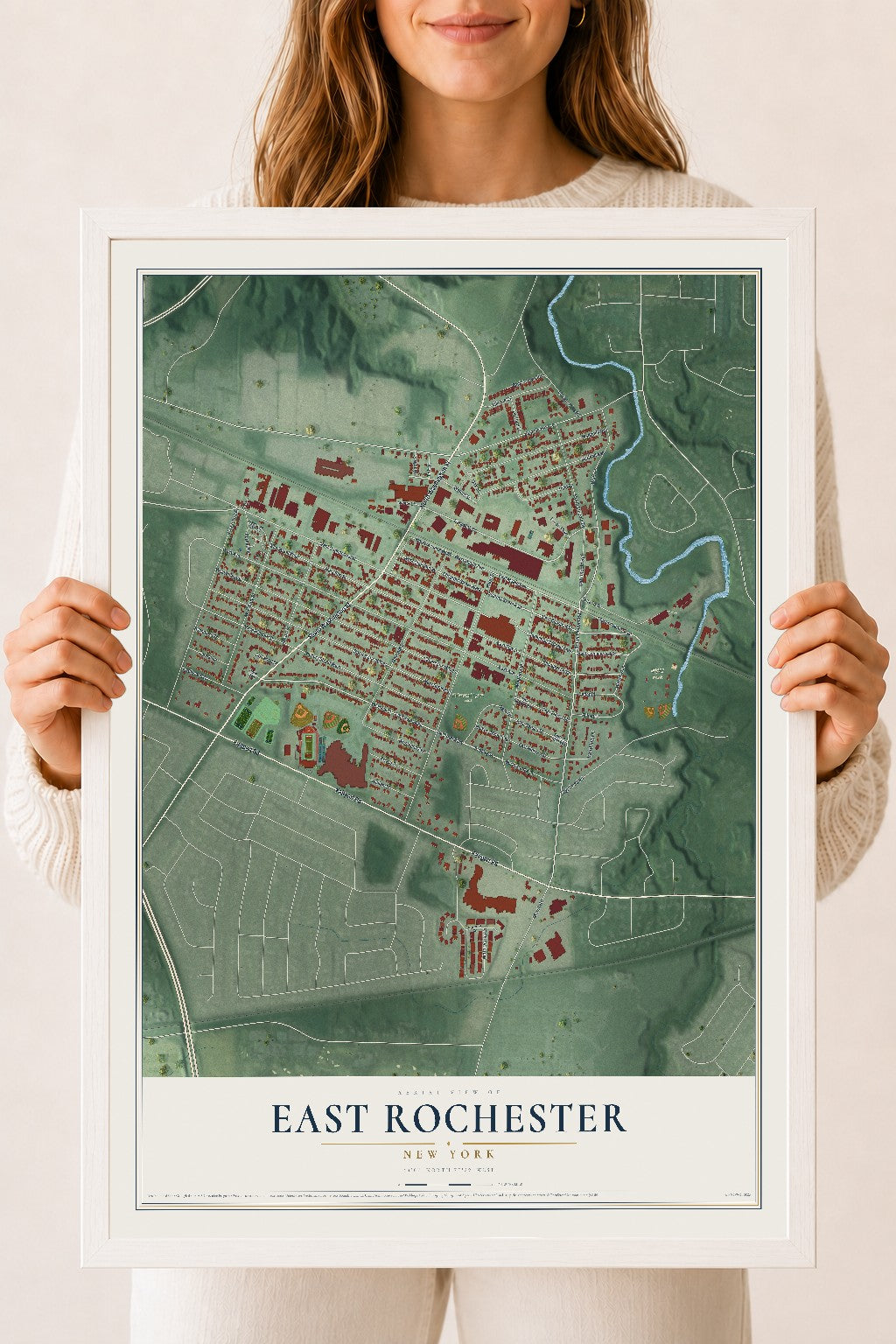 East Rochester, New York map print, 18" x 24" W/ White Ayous Wood Frame mockup