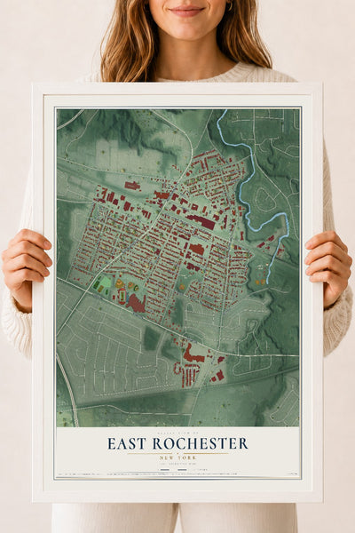 East Rochester, New York map print, 18" x 24" W/ White Ayous Wood Frame mockup