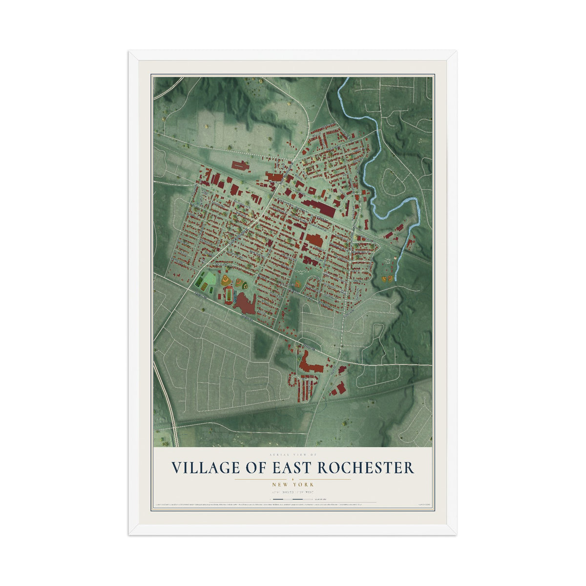 East Rochester, New York map print, 12" x 18" W/ White Ayous Wood Frame mockup