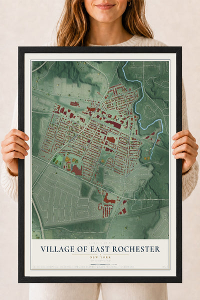 East Rochester, New York map print, 18" x 24" W/ Black Ayous Wood Frame mockup