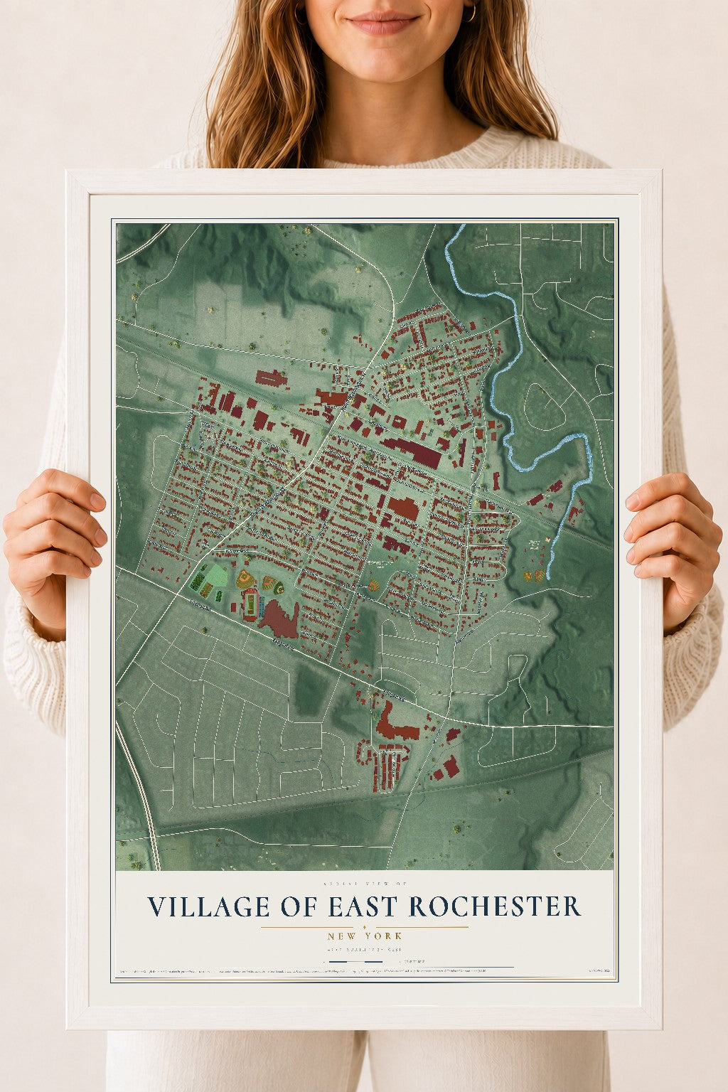 East Rochester, New York map print, 18" x 24" W/ White Ayous Wood Frame mockup