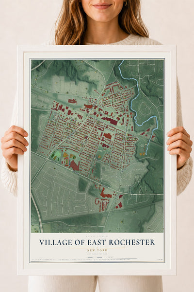 East Rochester, New York map print, 18" x 24" W/ White Ayous Wood Frame mockup