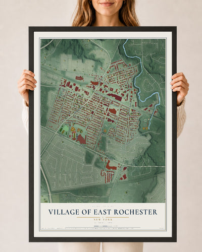 East Rochester, New York map print, 24" x 36" W/ Black Ayous Wood Frame mockup