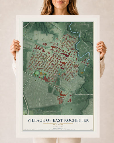 East Rochester, New York map print, 24" x 36" W/ White Ayous Wood Frame mockup