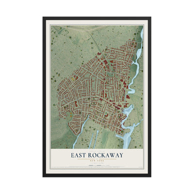 East Rockaway, New York map print, 12" x 18" W/ Black Ayous Wood Frame mockup